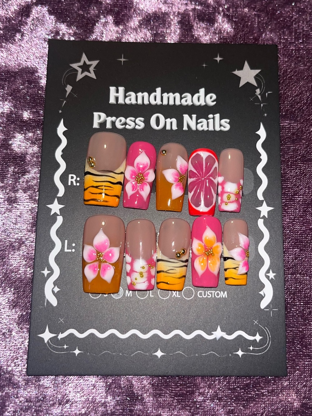 Handmade Press On Nails - Pink Floral & Tiger Accent